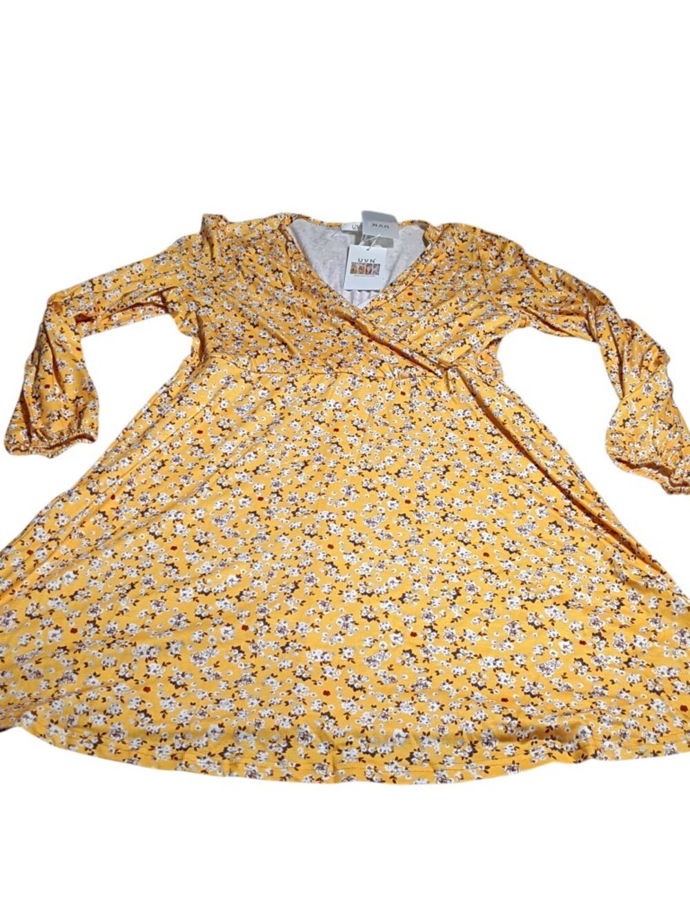 UVN Mustard Yellow Floral Faux Wrap Mini Dress - Size L